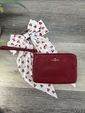 2417 Coach Red Leather Wristlet with Gold Logo and Removable Strap 252417